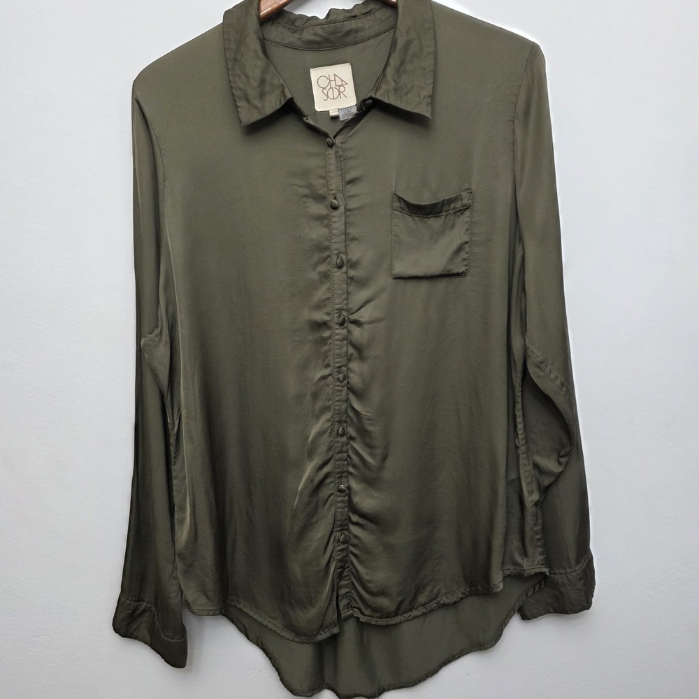 Chaser Button Up Blouse Olive‎ Green Womens Size XL Satin Feel High Low
